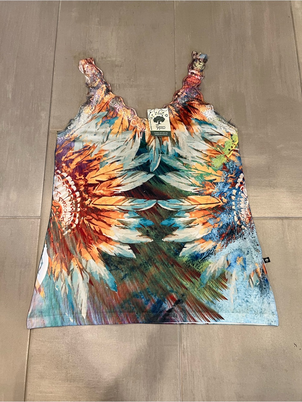 New Feather Print Lace-Trim Tank Top - Multicolor size XL